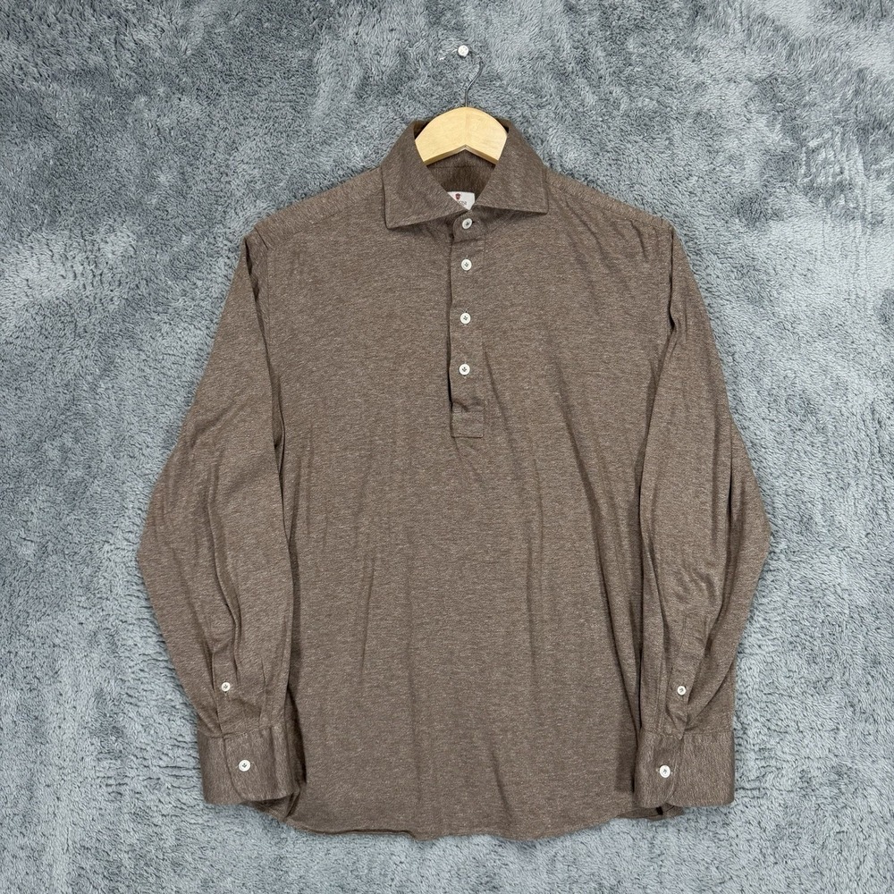 Cordone Polo Shirt Mens 16.5 Heather Brown Long Sleeve 100% Cotton Made In Italy